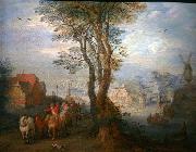 Jan Brueghel Peasants on a wagon near a river going through a village oil on canvas